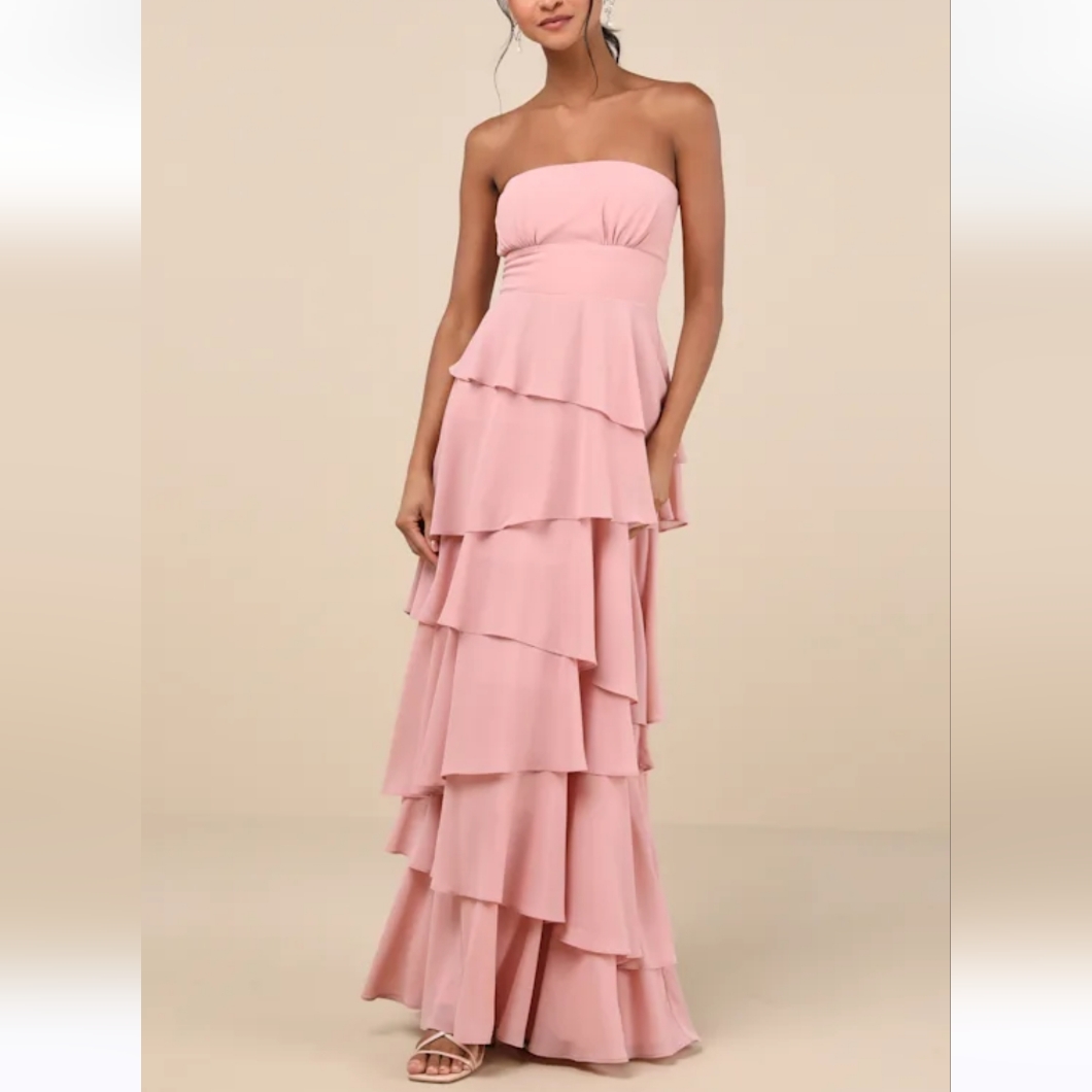 Lulus Nwt Gorgeous Essence Blush Strapless Tiered Maxi Dress